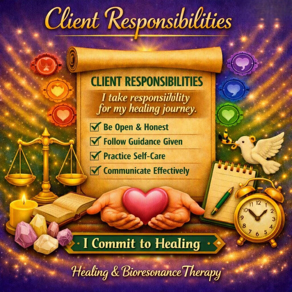 Holistic Services Disclaimer The services offered under Healing and Bioresonance Therapy are complementary and holistic in nature. They do not substitute for professional medical advice, diagnosis, or treatment from a general practition Holistic Services Disclaimer The services offered under Healing and Bioresonance Therapy are complementary and holistic in nature. They do not substitute for professional medical advice, diagnosis, or treatment from a general practition